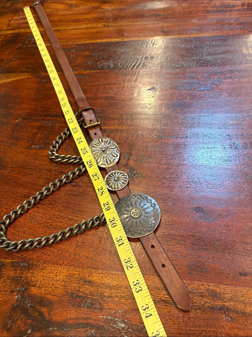 Ralph Lauren Collection Brown Leather Double Buckle Concho Chain Belt size Small - Picture 12 of 16